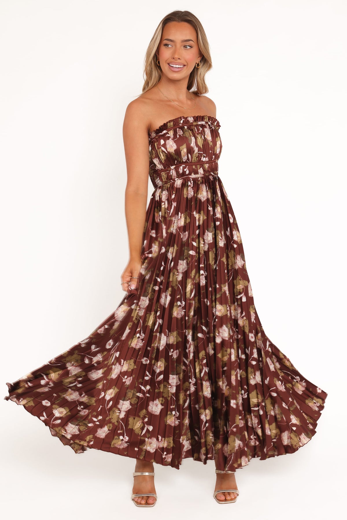 Angelique Strapless Maxi Dress - Brown Floral