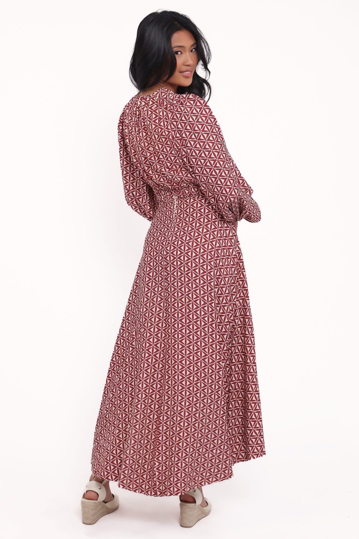 Ginnee Puff Sleeve Cutout Midi Dress - Brown Geo