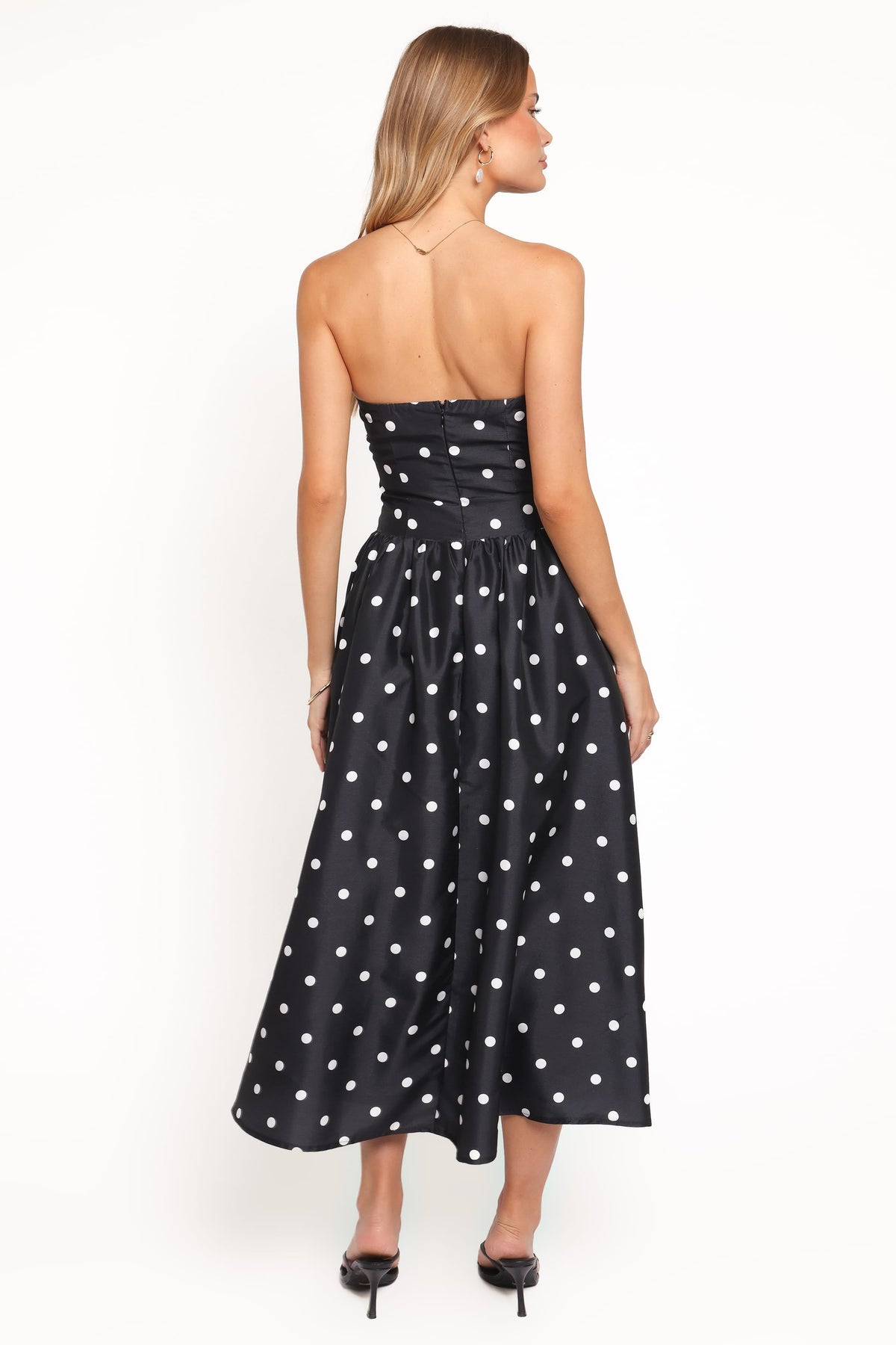 Kimbra Strapless Midi Dress - Black Polka Dot