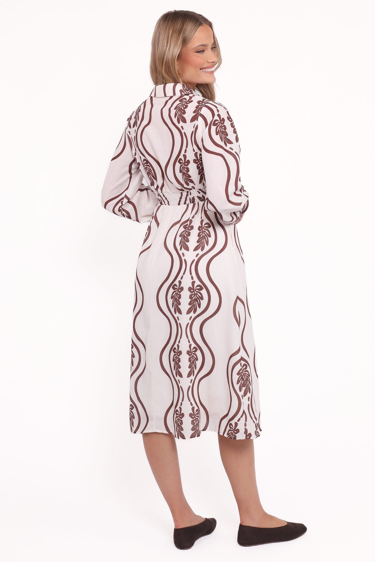 Lira Long Sleeve Midi Dress - Brown Print