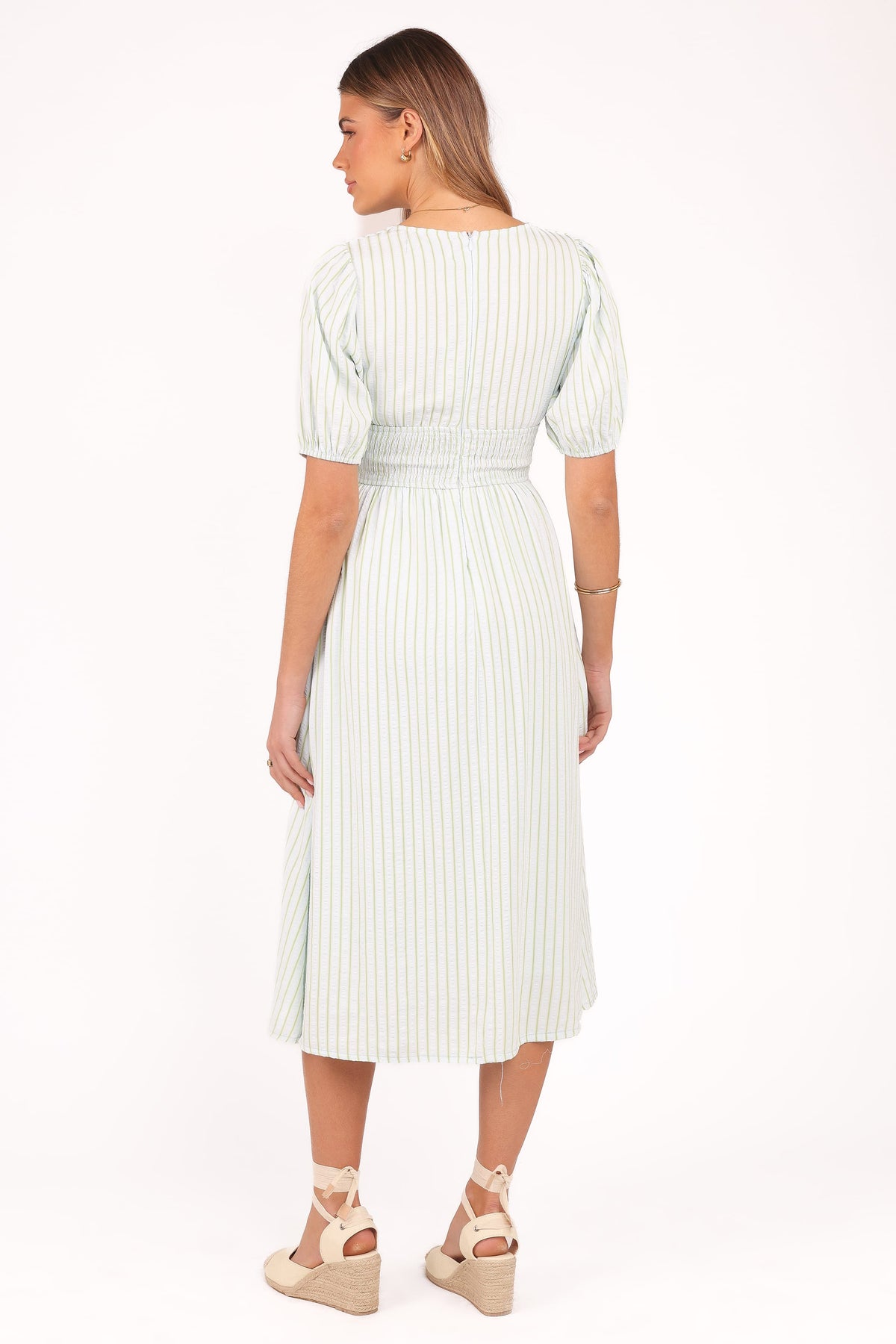 Ronnie Short Sleeve Midi Dress - Green Blue Stripe