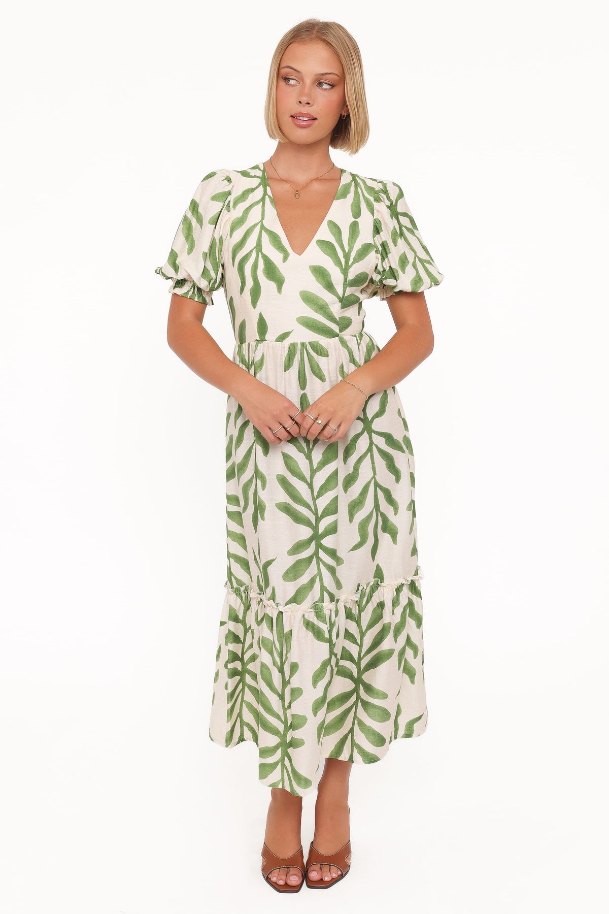Steele Puff Sleeve Midi Dress - Green Palm
