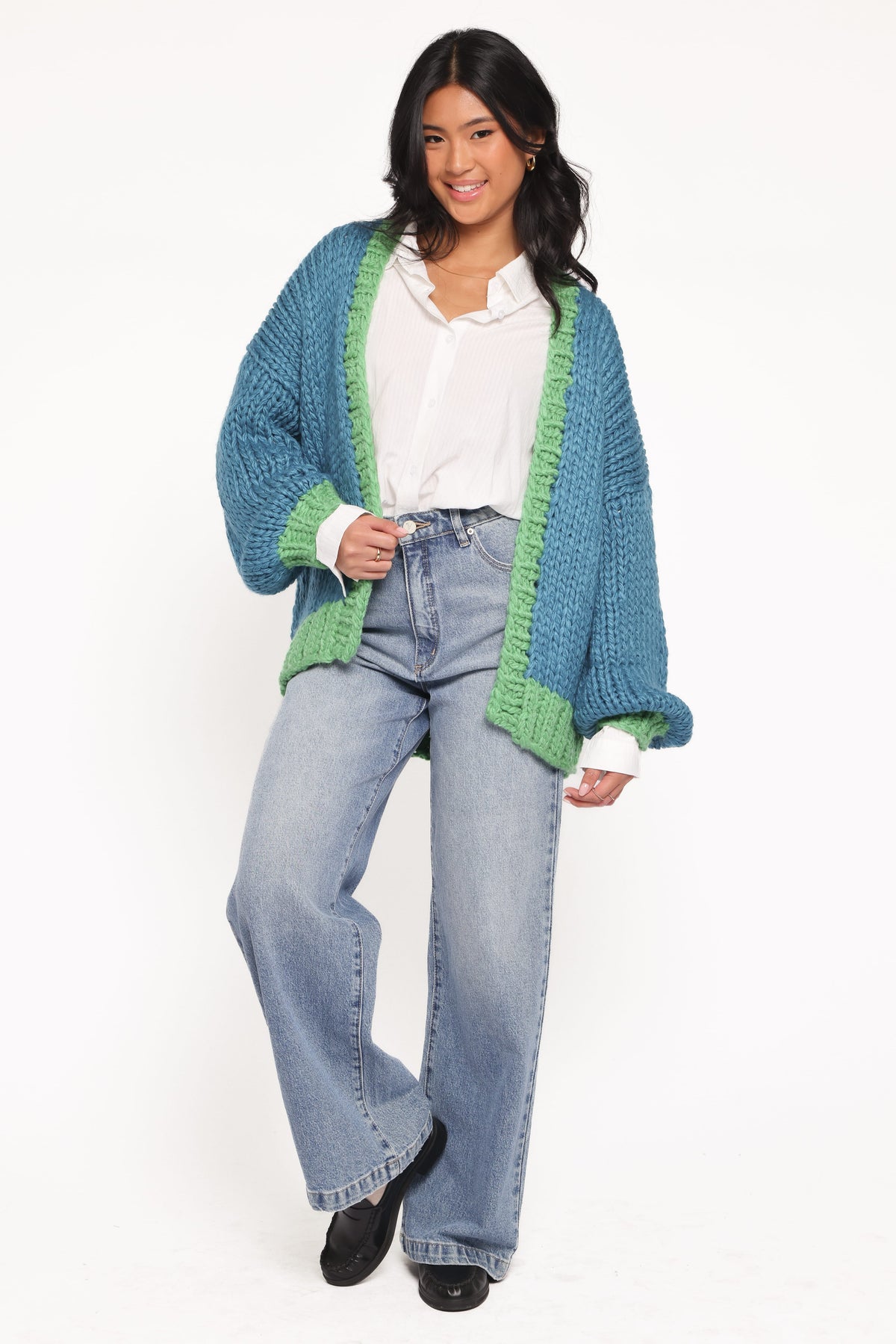 Anige Contrast Trim Cardigan - Blue/Green