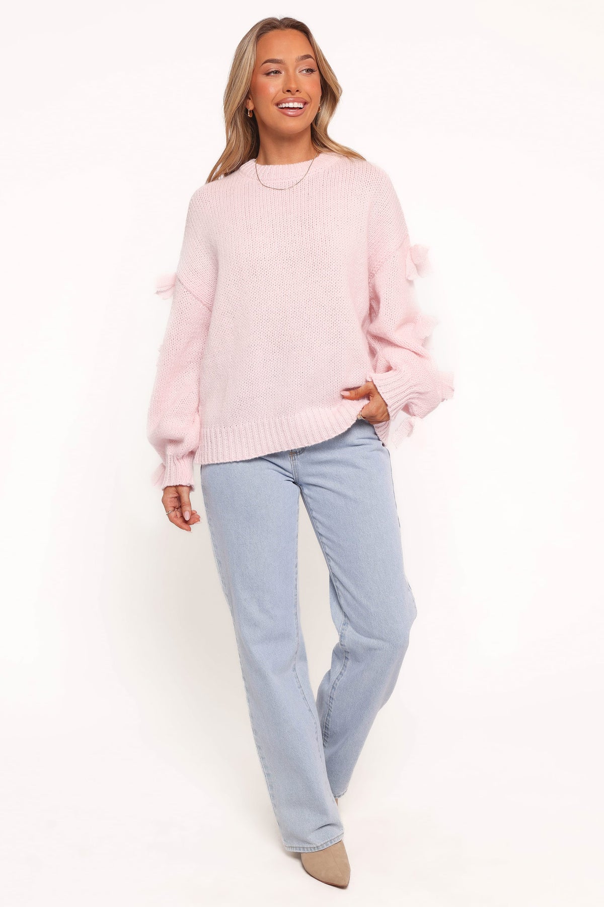 Lover Tie Sleeve Knit Sweater - Pink