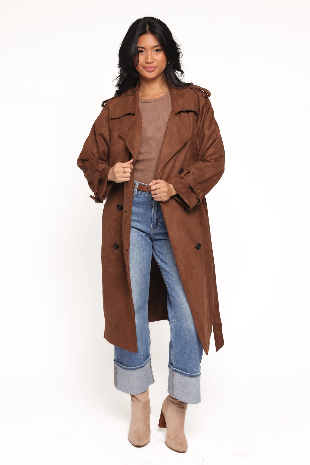 Micha Faux Suede Trench Coat - Brown