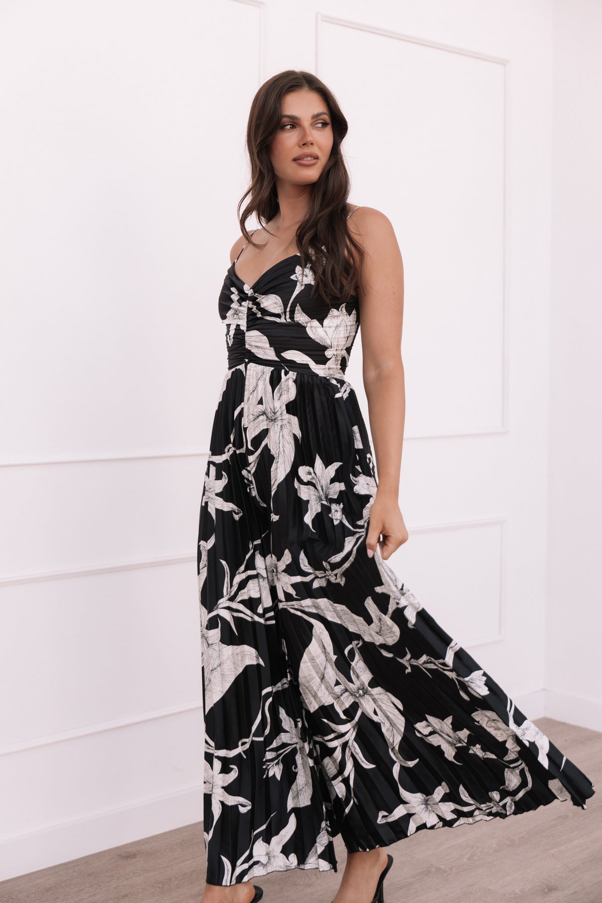 Angelique Pleated Jumpsuit - Black Floral