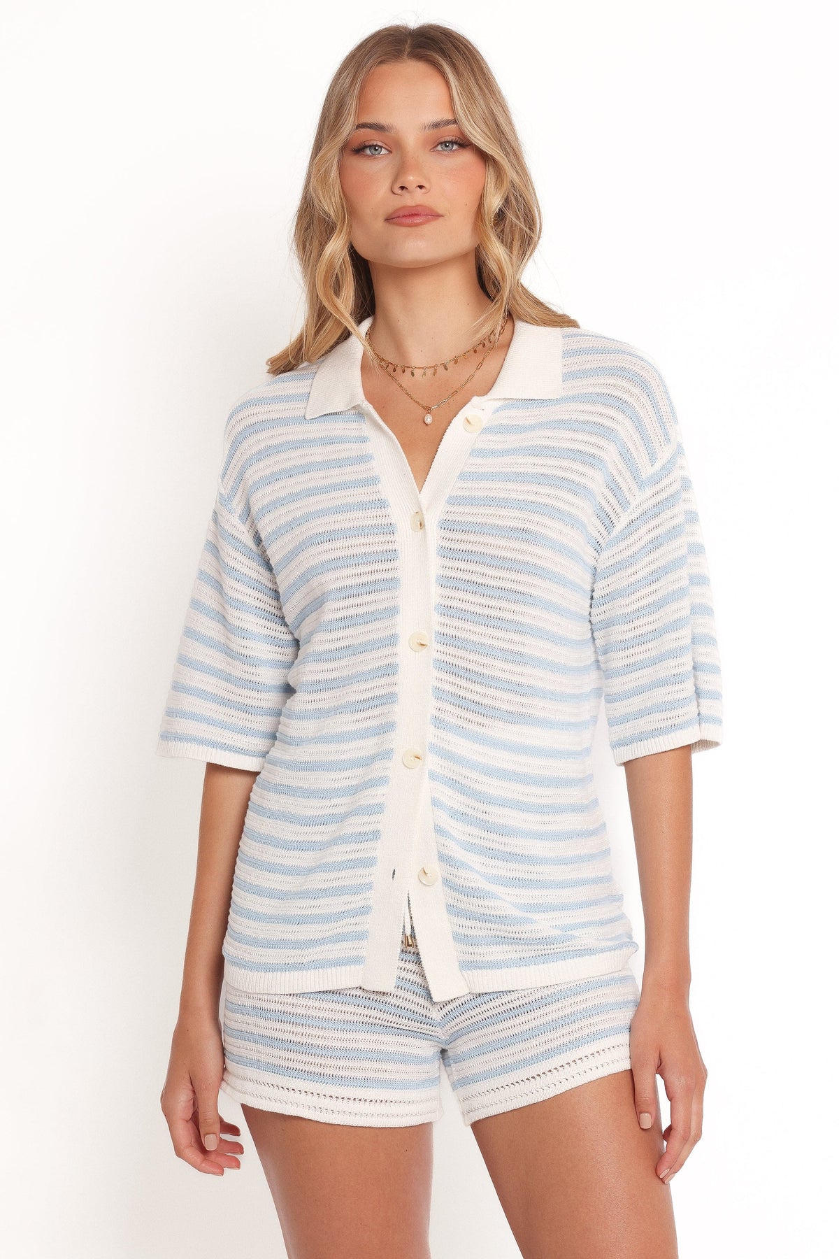 Cherie Knit Shirt - Cream Sky Blue