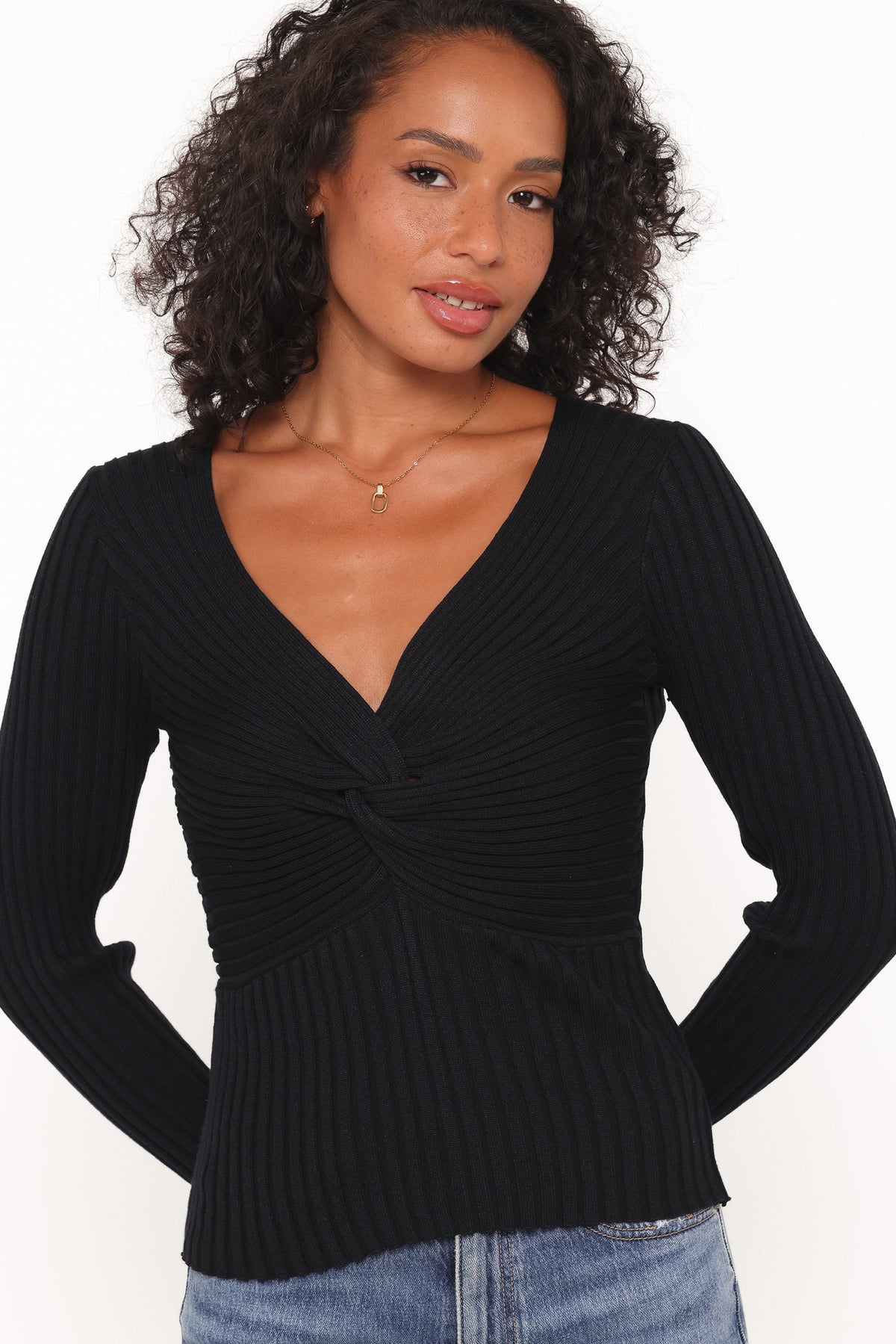 Demi Twist Detail Knit Top - Black