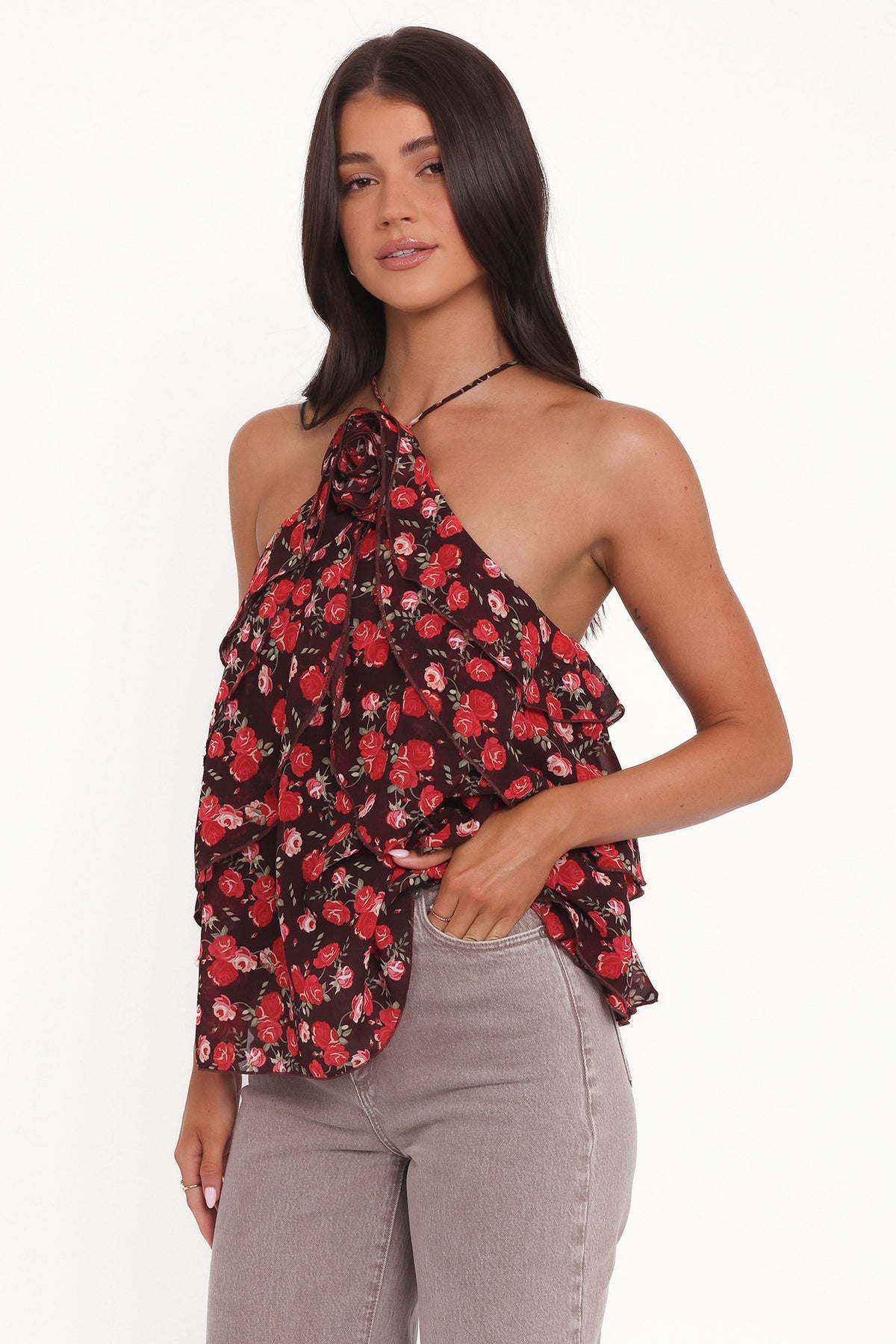 Zorina Halter Neck Chiffon Top - Brown Floral