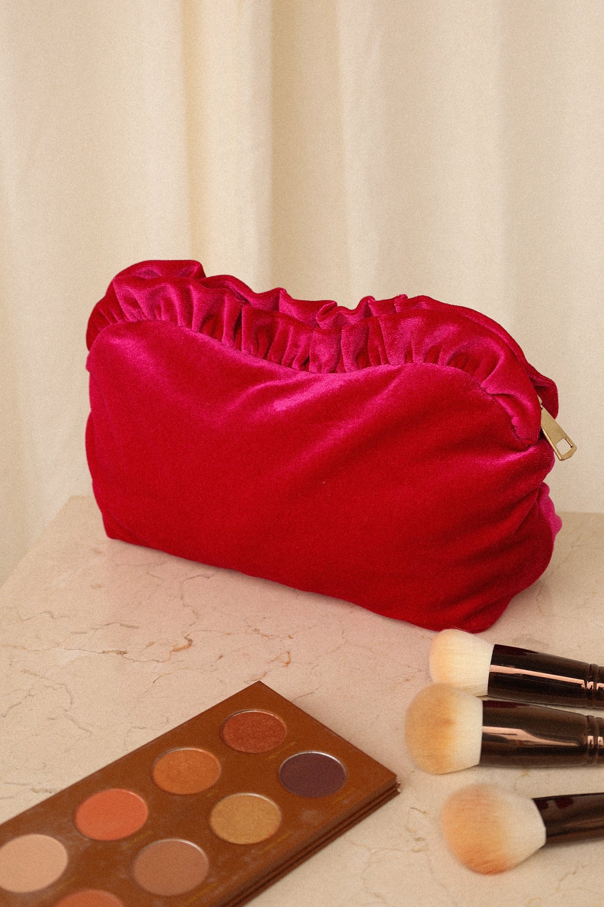 Large Velvet Ruffle Pouch - Magenta