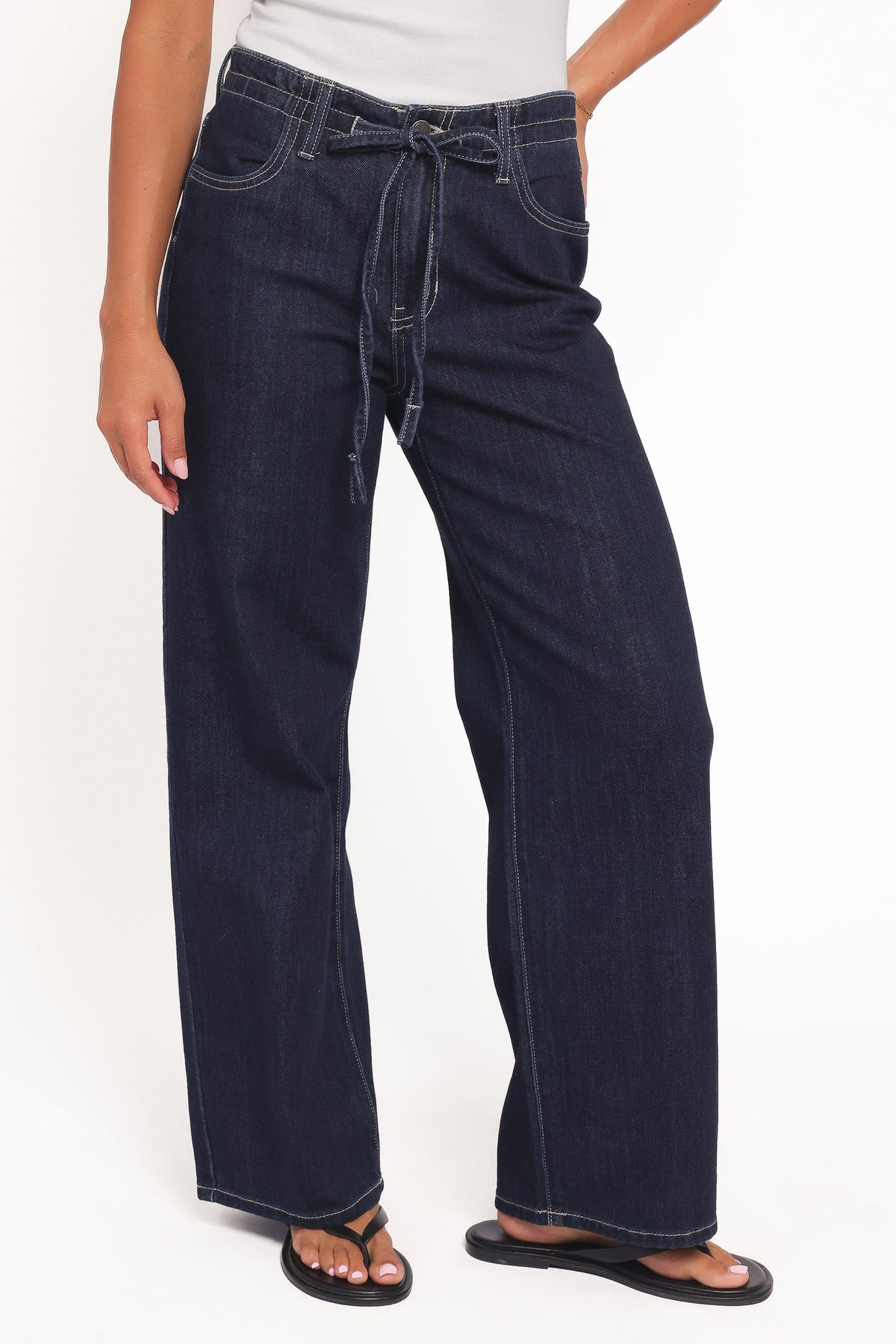 Clover Drawstring Wide Leg Jeans - Dark Wash