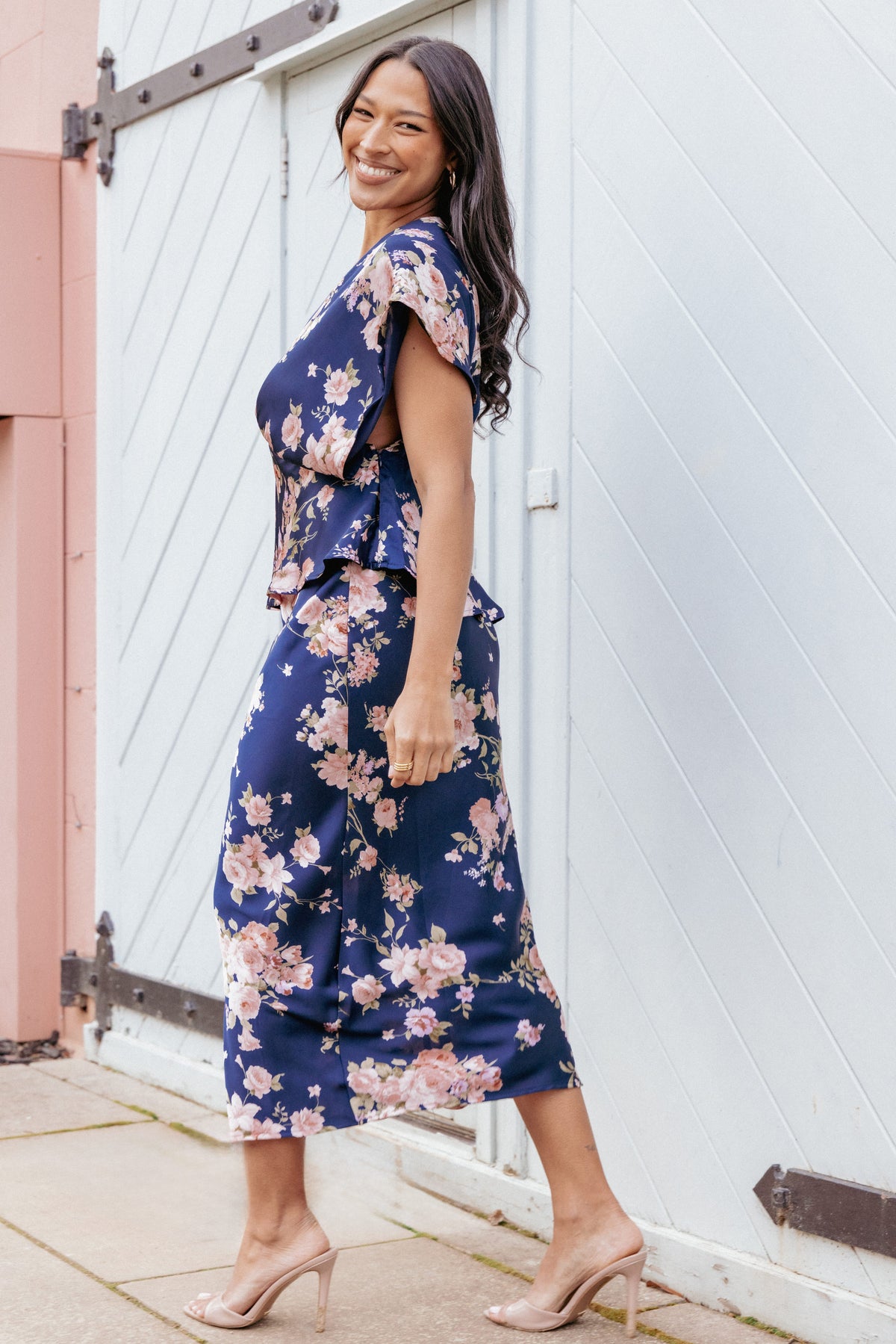 Kenna Satin Midi Skirt - Navy Floral