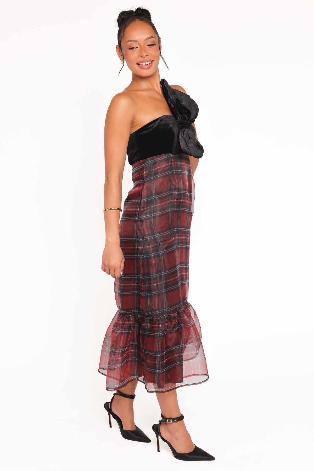 Amelie Bow Front One Shoulder Midi Dress - Red Plaid