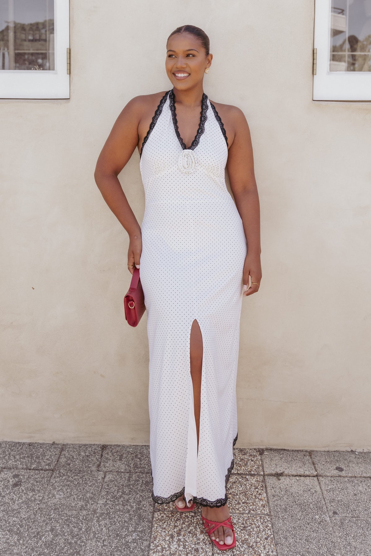 Conrad Halter Maxi Dress - White Polka Dot