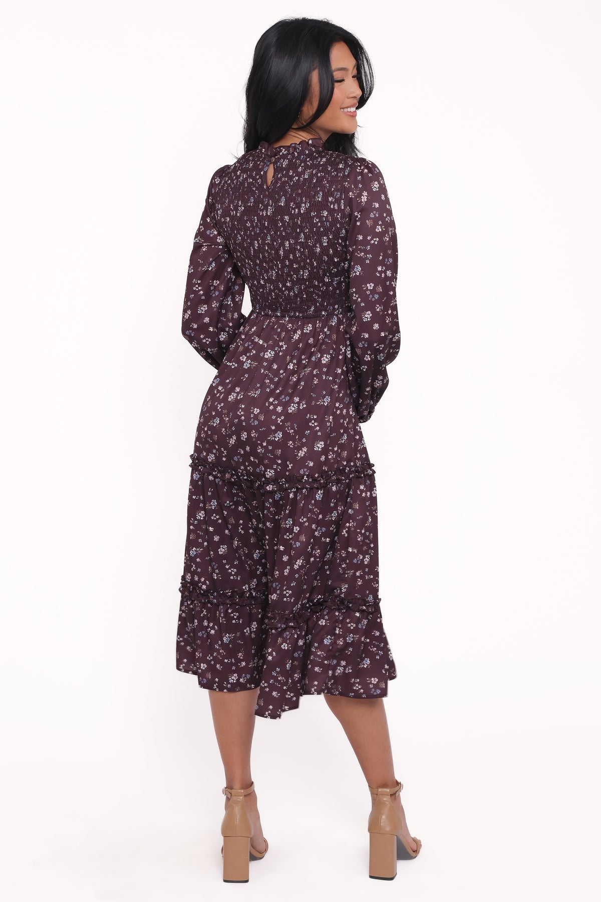 Edwina Shirred Frill Long Sleeve Midi Dress - Plum Floral