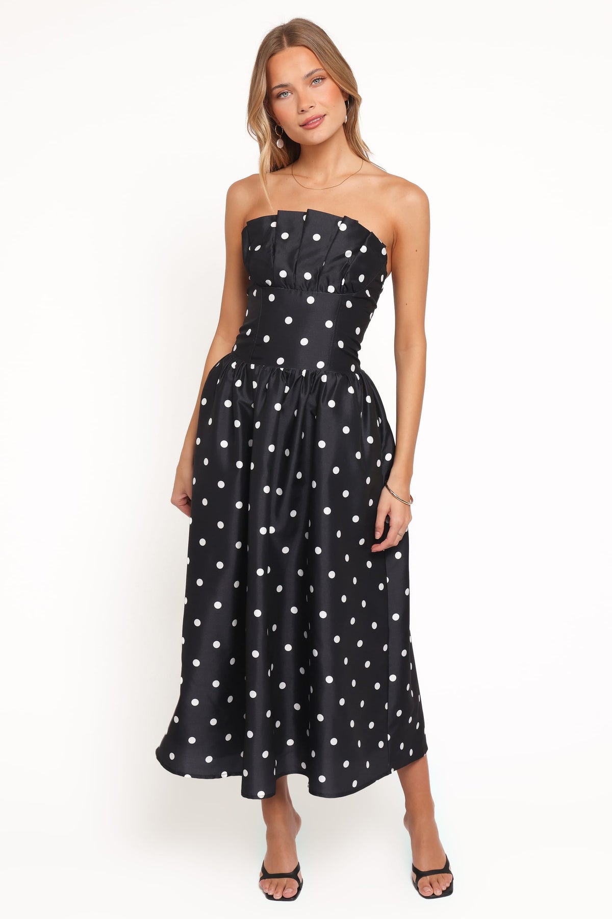 Kimbra Strapless Midi Dress - Black Polka Dot
