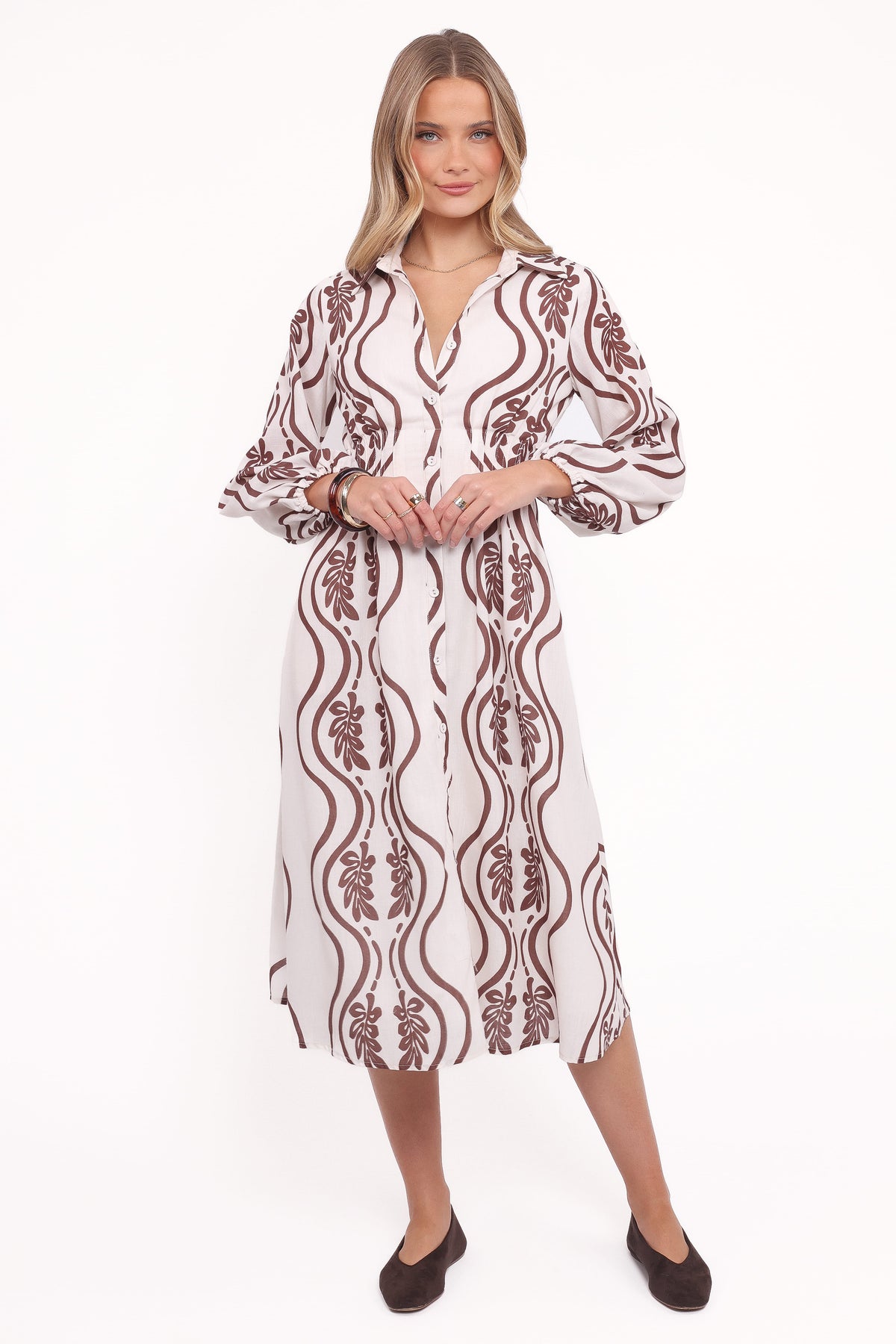 Lira Long Sleeve Midi Dress - Brown Print
