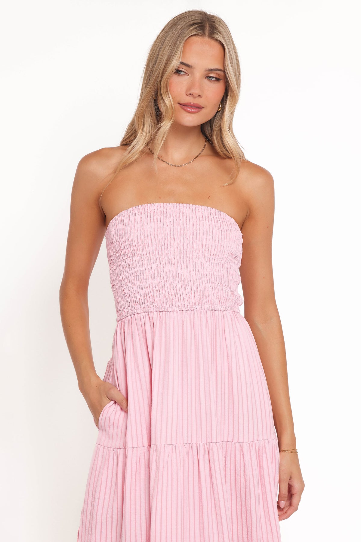 Maisie Strapless Midi Dress - Pink Stripe