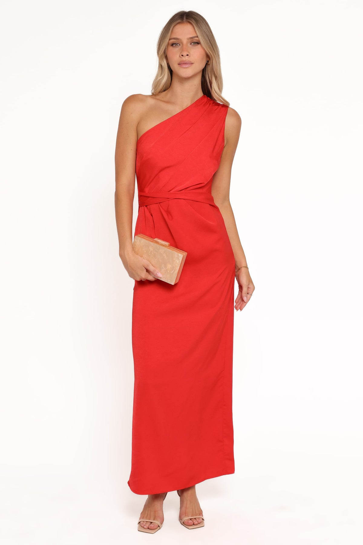 Nadia One Shoulder Maxi Dress - Red Jacquard Satin