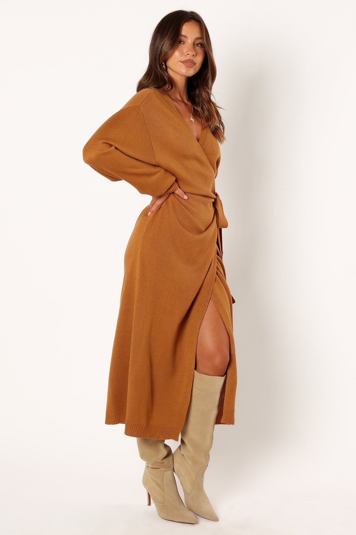 Nova Wrap Knit Midi Dress - Camel