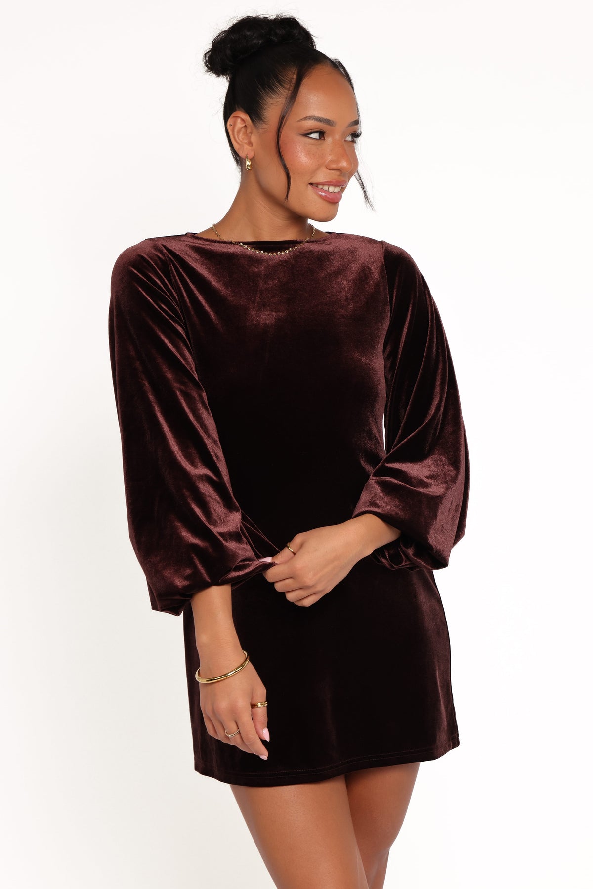 Twylar Long Sleeve Velvet Mini Dress - Brown