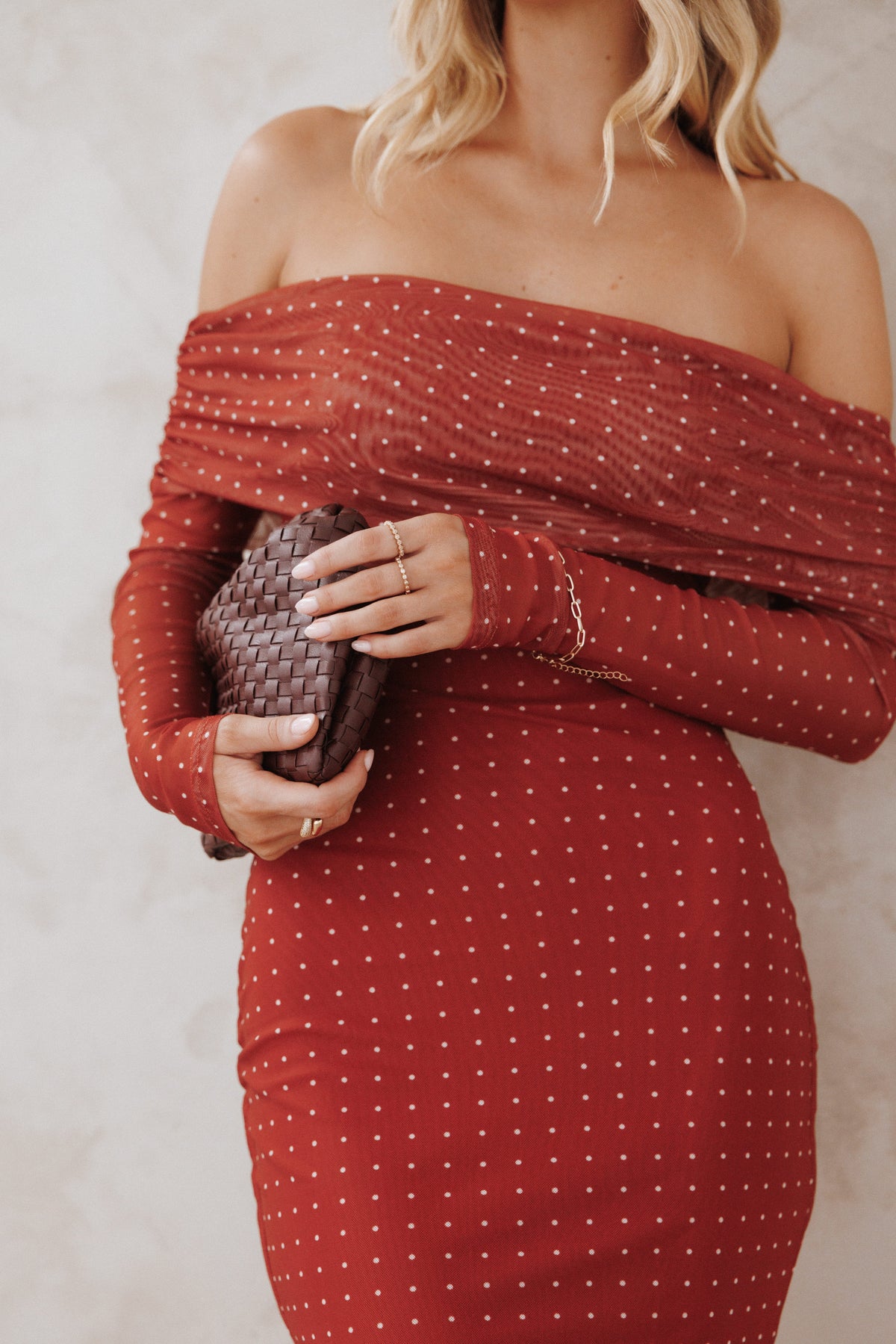 Zeva Off Shoulder Maxi Dress - Burgundy Spot