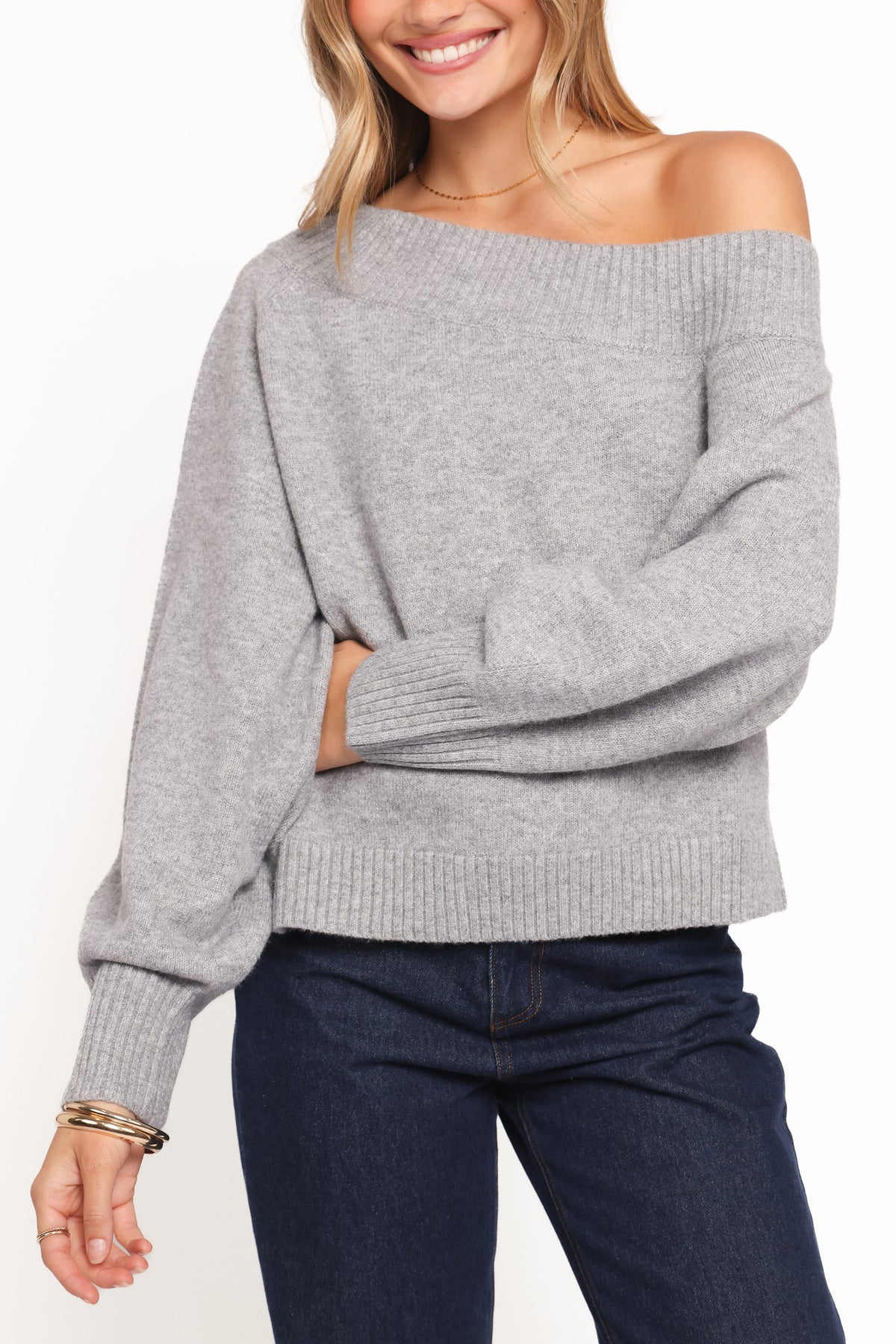 Ailis Off Shoulder Sweater - Grey