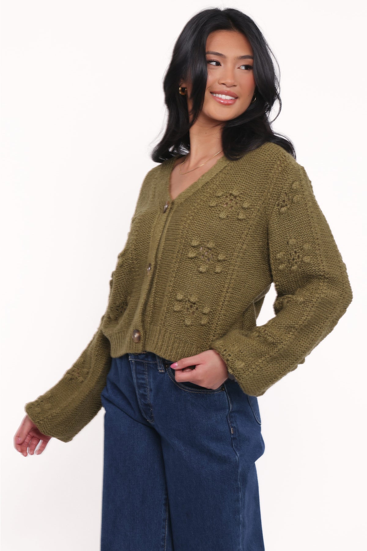 Melody Textured Button Up Cardigan - Olive