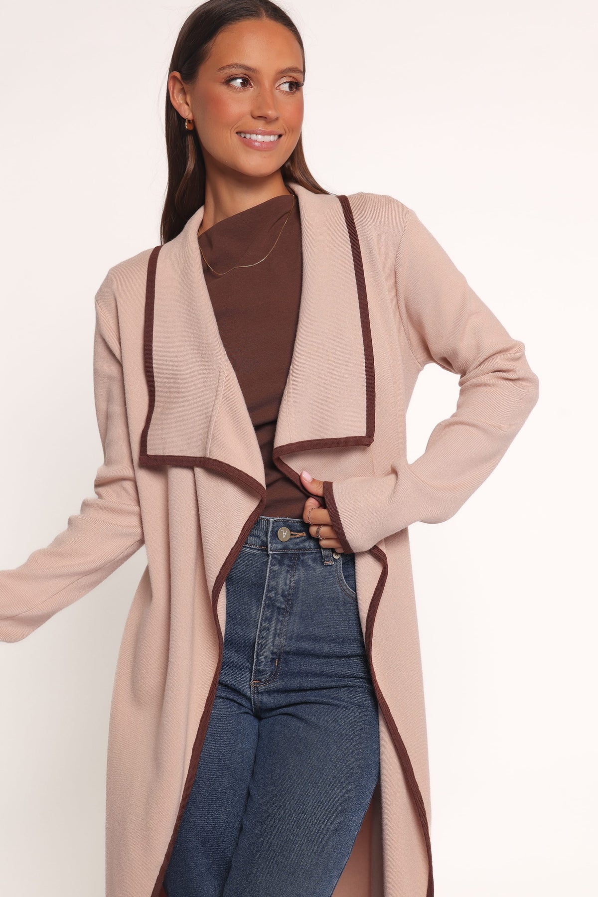 Vallis Contrast Trim Long Cardigan - Beige