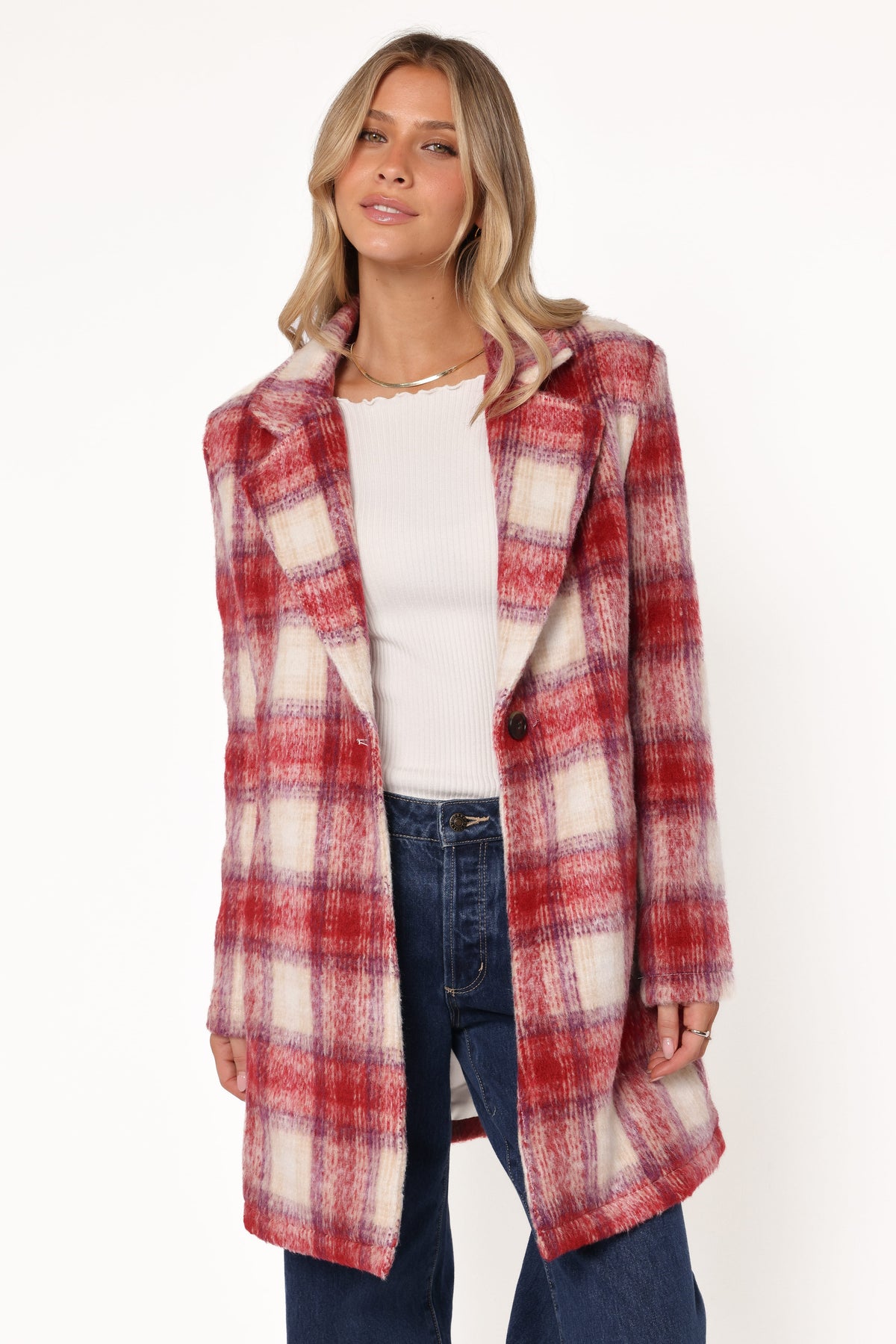 Travistine Long Plaid Coat - Pink