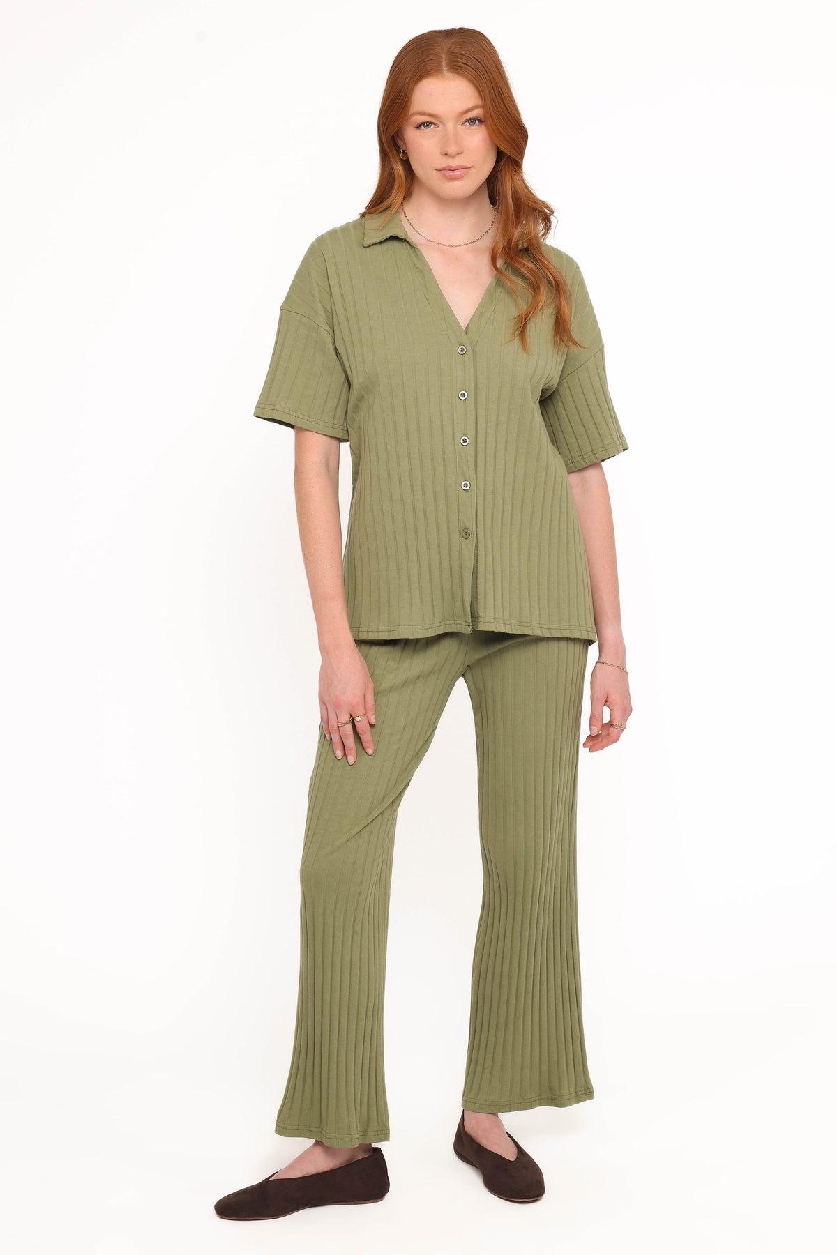 Phillipa Wide Ribbed Shirt Set - Olive