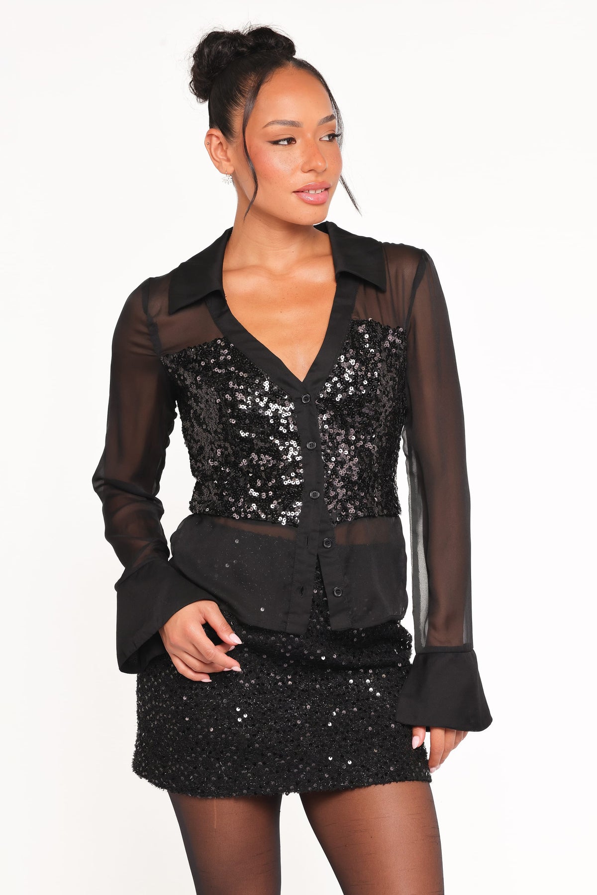 Eliana Sheer Sequin Blouse - Black