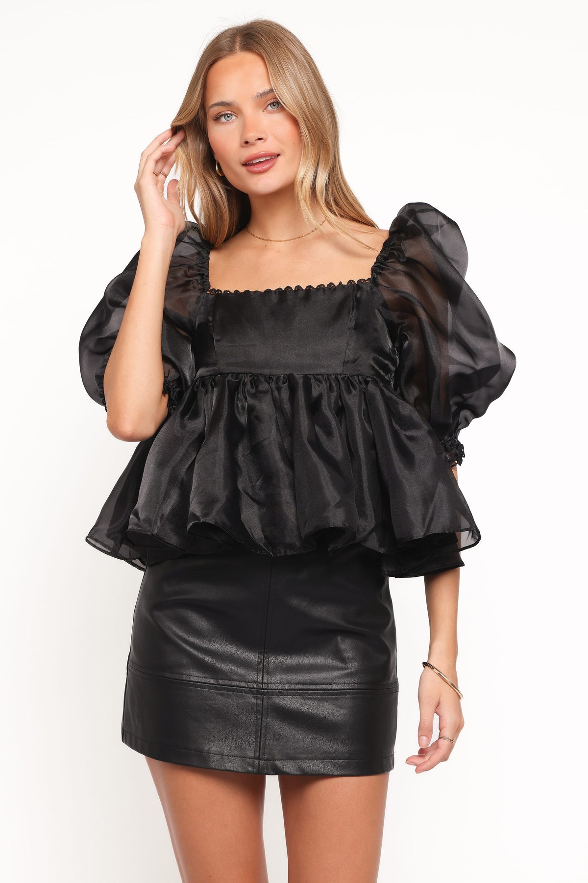Solenne Puff Sleeve Peplum Organza Top - Black