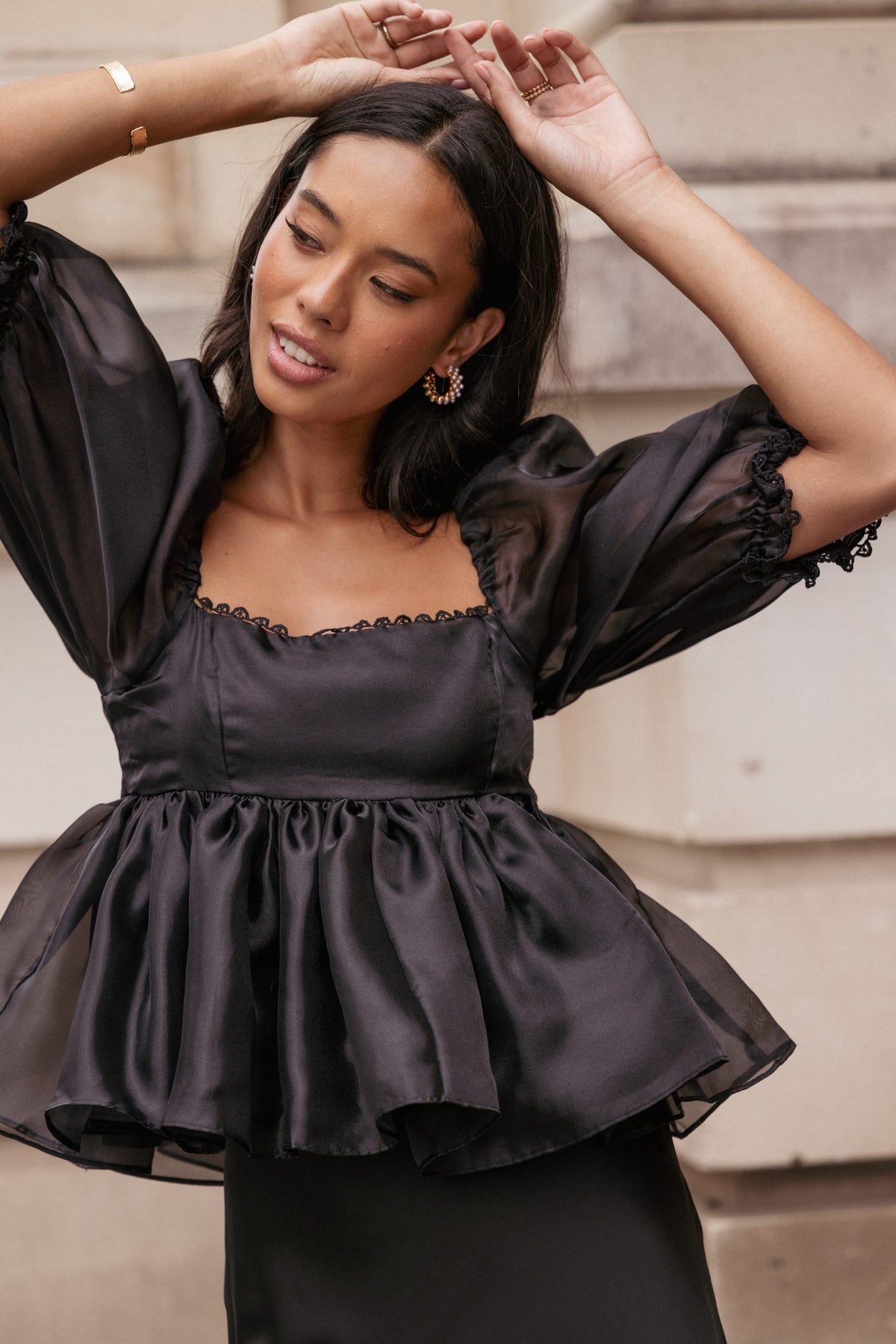 Solenne Puff Sleeve Peplum Organza Top - Black