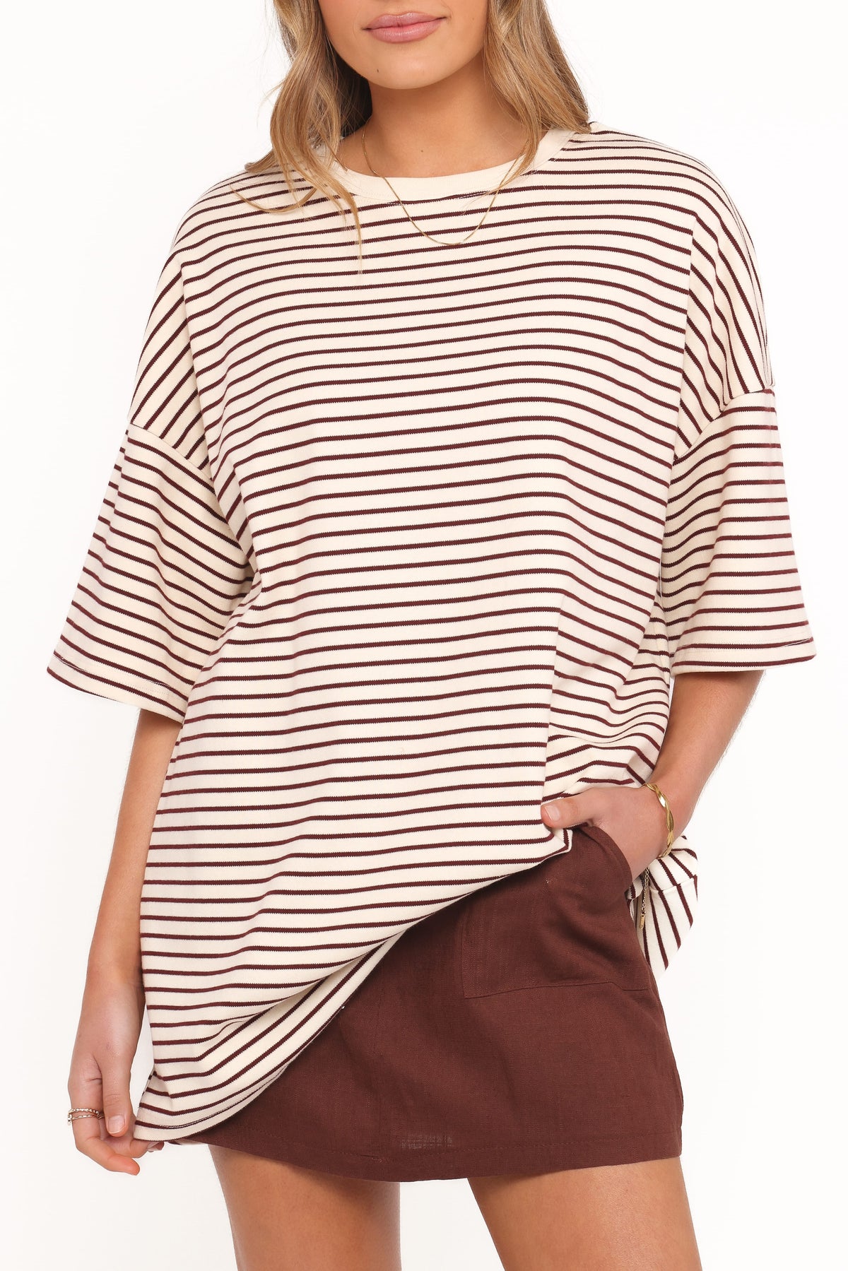 Wilda Oversized Tee - Cream Tan Stripe